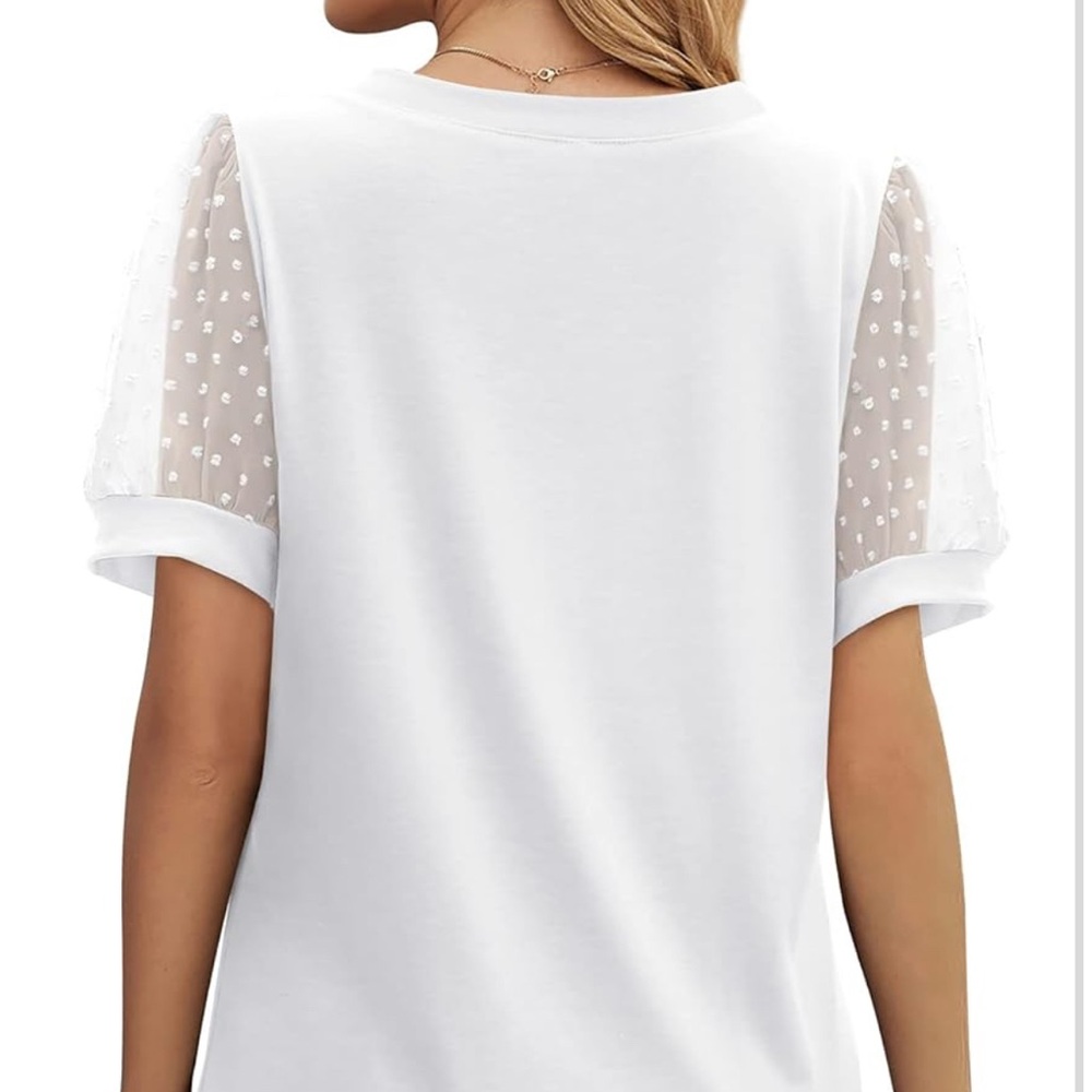 Elegant White Swiss Dot Puff Sleeve V Neck Top - Loose Casual Top - Picture 3 of 9